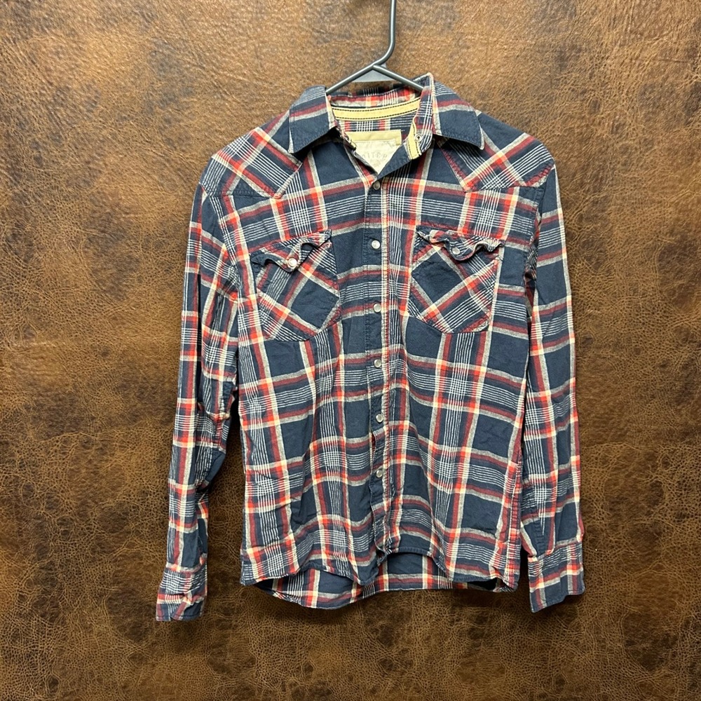Ditch Plains Blue Maroon Plaid Medium Mens Pearl Button Down Western Rodeo
